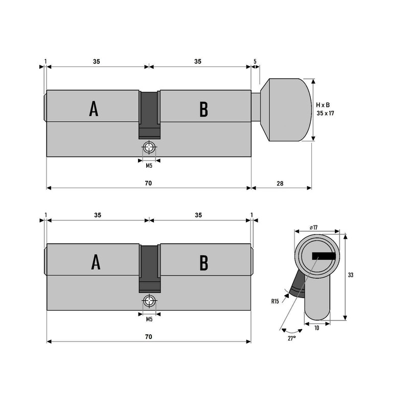 3x Door Cylinder Lock 70 mm 35/35 mm Simultaneous Locking