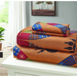 4-Piece Queen-Size Bed Sheet Set - Wedding Ring Bear - Cabin Themed Bedding by Virah Bellah - Brown