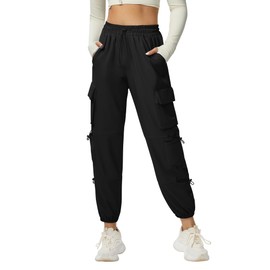 DLOODA Quick Dry Cargo Pants Lightweight Tactical Hiking Pants with 6 Pockets for Women, Elastic Waist and Water-Resistant Black