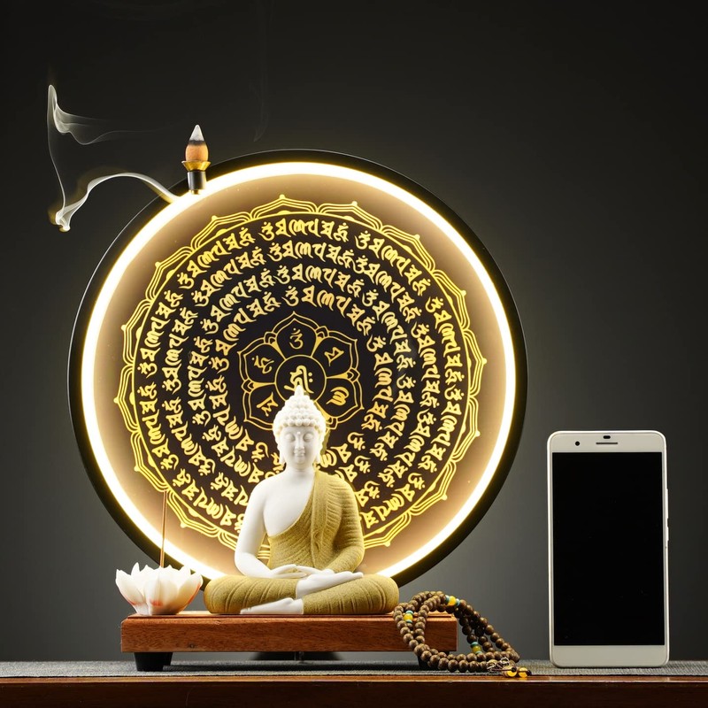 Houlu Yellow Buddha Statue and Circle LED Table Lamp, Ceramic
