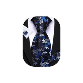 Barry.Wang Blue Tie for Men Floral Silk Necktie Pocket Square Cufflinks Set Formal Business Wedding Party Prom