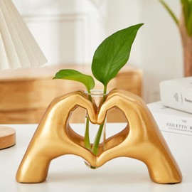 Gold Heart Hands with Glass Planter Terrarium Decoration, Modern Love Statue for Dining-Table, Pothos Glass Vase for Air Planter Desktop Décor.