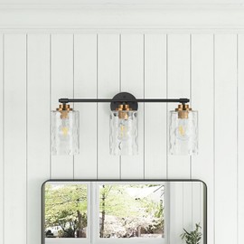 Aiwen Bathroom Vanity Light Fixture Over Mirror 21.92 in 3 Light Modern Black Wall Sconce with Hammered Glass Shade Vintage Gold Socket Wall Lighting for Kitchen Hallway Hotel E26