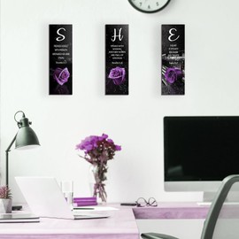 FENCORDAR 3 Pieces Purple Bedroom Decor Purple Rose Women Bedroom Wooden Purple Bathroom Inspirational Office Decor With SHE Religious Words For Women Kitchen Home(12x Inch)