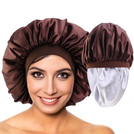 Large Dual Color Velvet Sleep Bonnet with Elastic Wide Band Khaki 4ea