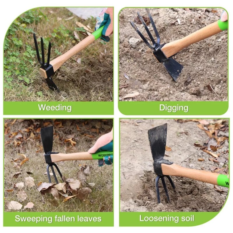 WORKPRO Hoe and Cultivator Garden Rake with 14" Wooden Handle