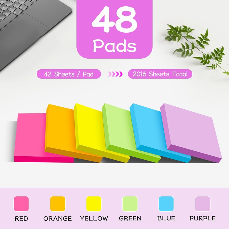 48 Pads Sticky Notes 3x3 in, 42 Sheets/Pad, 2016 Sheets