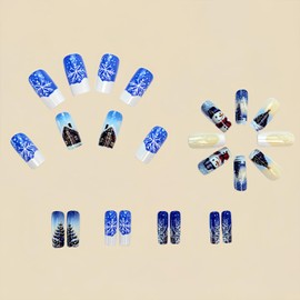 Christmas Tree Snowman Fake Nails Medium Square Press on Nails Winter Christmas Snowflake Glue on Nails Glossy Xmas Acrylic Nails for Women Girls