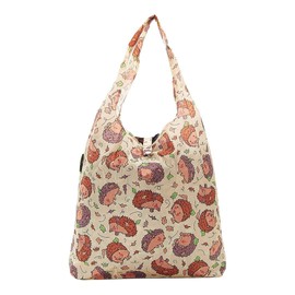 Eco Chic Lightweight Foldable Reusable Shopping Bag | Water Resistant Shopping Tote Bag | Folds Into Attached Pouch for Storage | Made from Recycled Plastic Bottles (Hedgehog Beige)