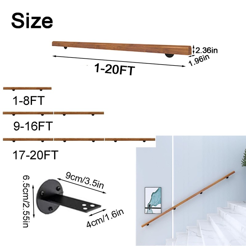 Wooden Stair Handrail, Single Piece Handrails, Complete Kit with Metal