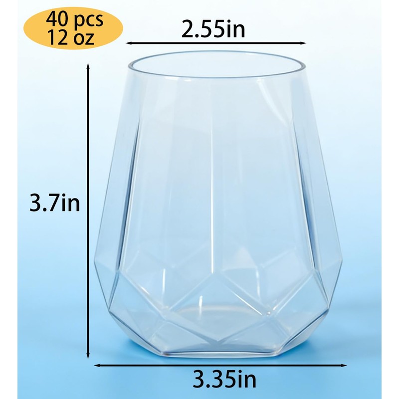 ROIMEE VONT 12oz Plastic Wine Glasses,40 Pack Stemless Clear Plastic