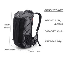 Naturehike Hiking Camping Backpack 45L/65L Lightweight Internal Frame with Rain Cover for Backpacking Outdoor Sports ((40+5) L Dark, (40+5) L)