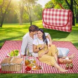 SRJEQC Picnic Blanket XXL 200 x 200 cm, Picnic Blanket Red Check, Portable Bath Blanket with Carry Handle, Waterproof Sandproof for Garden, Picnic, Beach, Camping, Beach Blanket XXL for 6-8 People