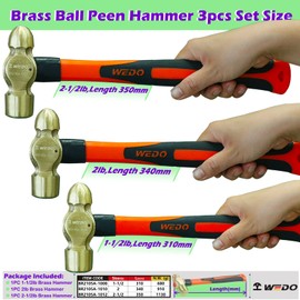 WEDO 3PCS Brass Ball Peen Hammer Set,1-1/2lb&2lb&2-1/2lb,Fiberglass Handle,Die-Forged,Corrosion Resistant,DIN Standard