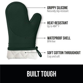 Gorilla Grip Heat and Slip Resistant Silicone Oven Mitts Set, 14.5 in, Soft Cotton Lining, Waterproof, BPA-Free, Extra Long Thick Gloves for Cooking, BBQ, Kitchen Potholders, Hunter Green