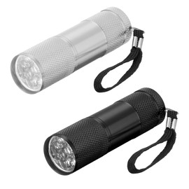 PATIKIL 9 LED Mini Flashlights, 2 Pcs Aluminum Pocket Flashlight Torch with Lanyard for Camping, Hiking, Outdoor Emergencies (Black, Silver Tone)