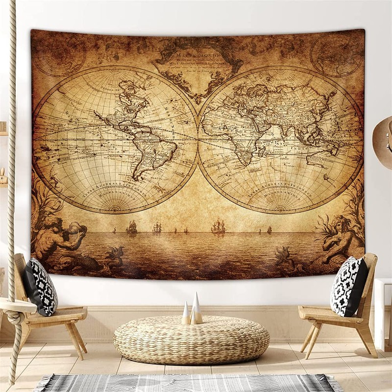 JAWO Medieval Compass Map Wall Hanging Decoration Tapestry, Metro Style,