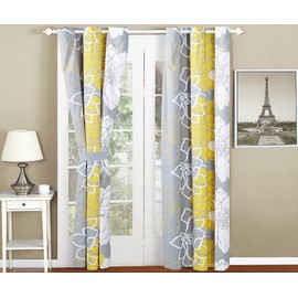 All American Collection New 4pc Flower Printed Curtain Set for Reversible Bedspread Set (Panel, Yellow/Grey)