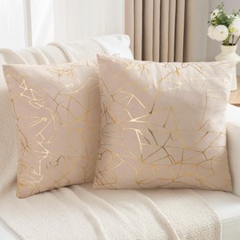 JELLYMONI Set of 2 Suede Champagne Throw Pillow Covers with Gold Streaks - 22 x 22 inch Glitter Decorative Pillow Shams for Couch, Sofa, Bed - Soft, Sparkling Metallic Home Décor