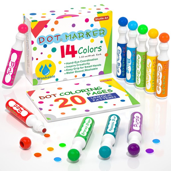 Shuttle Art Dot Markers, 14 Colors Bingo Daubers with 20 Unique Patterns of Dot Book for Toddler Art Activities, Non-Toxic Washable Coloring Markers for Preschool Kids Learning