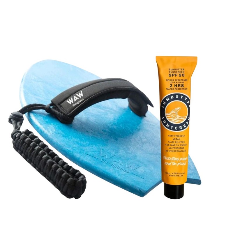 WAW! Body Surfing Handplane & Sunscreen Bundle, Aqua Green
