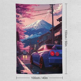 FeoYoed Tapestry Wall Hanging Aesthetic Decoration For Bedroom Living Room Wall Art Tapestries Anime Jdm Car R35 Mount Fuji Cherry Blossoms 40"x60"