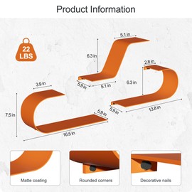 BUTUNITA Orange Floating Shelves Set of 3, Orange Metal Decor, Unique Mounted Floating Shelf, Modern Long Wall Shelf, Large Wall Shelves for Bedroom, Bathroom, Living Room