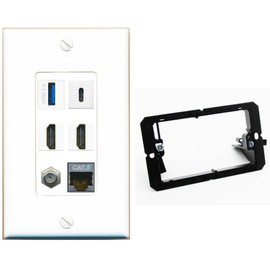 RiteAV USB 3 USB C 2 HDMI Coax Cat7 Wall Plate - 1 Gang w-Bracket [White/White]