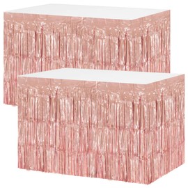 2 Packs Rose Gold Table Skirts Metallic Foil Fringe Table Skirt Streamer Backdrop for Bachelorette Valentine's Day Birthday Bridal Shower Engagement Party Decorations, 29.5x108 Inch