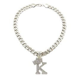 iJewelry2 Kings and Queens Crowned Letter K Crystals Pendant Silver-Tone Cuban Linked Chain Initial Necklace