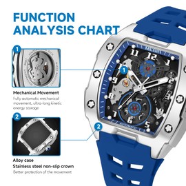 MEGIR Automatic Mechanical Men Watch, Silicone Band, 43x50mm Alloy Case, 3ATM Water Resistant, Luminous Hands, Blue
