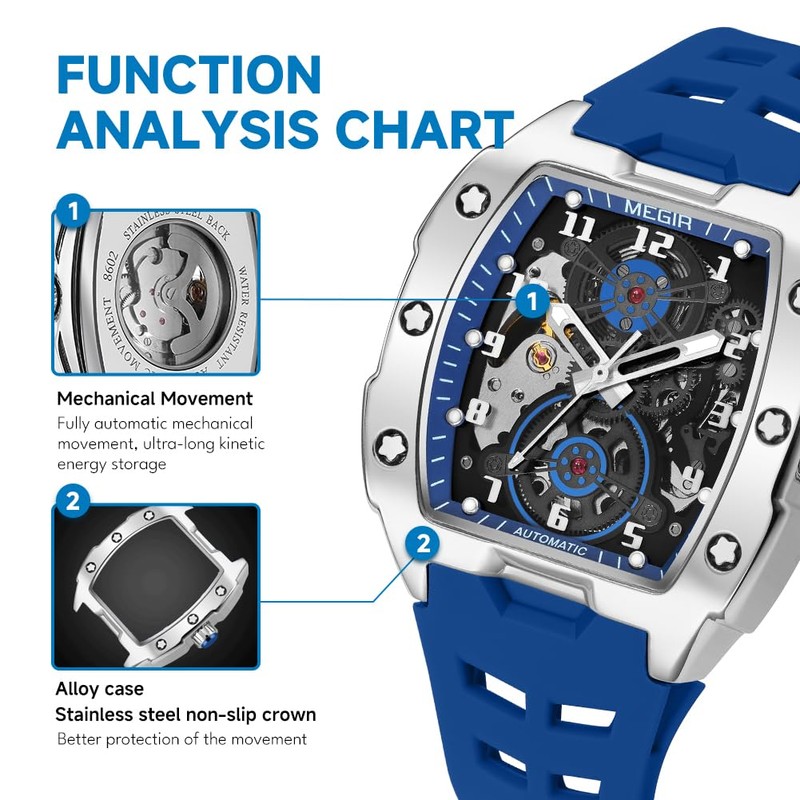 MEGIR Automatic Mechanical Men Watch, Silicone Band, 43x50mm Alloy Case,