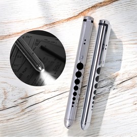 1PC Medical Pen Light with Pupil Gauge Penlight for Nurses Doctors,Reusable Medical LED Light with Pupil Gauge and Ruler,Silvery (Without Battery)