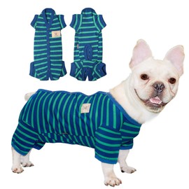 TONY HOBY Dog Pajamas for Female/Male, Dog Jumpsuit with Stripes for Small Medium Dog, Soft and Comfortable 4 Legged Pajamas Dog Clothes (Blue&Green, Boy, M)