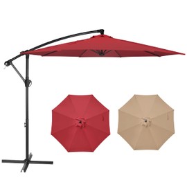 YSSOA 10ft Cantilever Patio Umbrella, Offset Hanging Outdoor Market Umbrellas with Cross Base and Crank for Garden, Lawn and Deck, Red