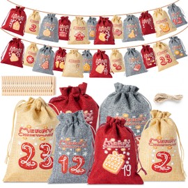 TirEurt 24pcs Christmas Countdown Advent Calendar Bags Kit, Xmas Calendar Gift Bag for Filling, Christmas Countdown Hanging bag with Wooden Clips Rope Christmas Jute Bags for Christmas decor