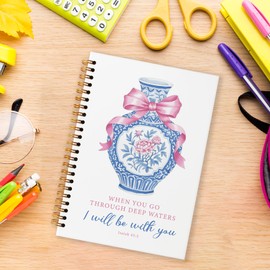 Grace Yonks Pink Bow and Blue Chinoiserie Vase Bibles Journal Notebook, A5 Christian Spiral Notebook, Aesthetic Composition Book for Girls, Preppy School Supplies, 5.8" x 8.3" with 80 Pages(008)