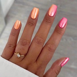 MISUD Press on Nails - Medium Square Glue on Nails with Chrome, Acrylic Summer Pink Orange Design 24 pcs