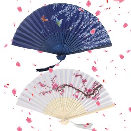 GGISUI Pack of 2 Fans Wedding Foldable Hand Fan Bamboo and Silk with Tassel Fecher for Women, Chinese Style Hand Fan for Wall Decoration, Wedding, Summer Gifts