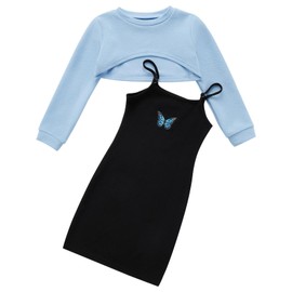 Naiyafly Girl's 2 Piece Outfits Kids Long Sleeve Crop Top and Cami Dress Set Teen Girls Pullover Sweatshirt + Butterfly / Plaid Print Bodycon Dress Clothes Christmas Party Casual Costumes