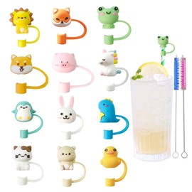 12Pcs Cute Silicone Straw Covers Cap,RENUIS Straw Toppers for Tumblers,Reusable Portable Drinking Straw Tips Lids,Dust-Proof Straw Plugs Soft Cap Protector Cover for 6-7mm Small Straws(Animals Theme)