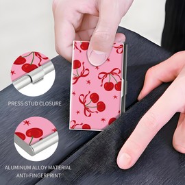 Business Card Holder, Stainless Steel Card Case, Metal Men's and Women's Business Card Case, Cute Buckle Style Card Holder, Wallet Credit ID Case for Office Pink Red Cherries