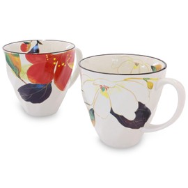Mino Ware - Juego de tazas de café con flores, 3.6 pulgadas, rojo Sasanqua, magnolia blanca, taza de té de cerámica japonesa, juego de 2 unidades