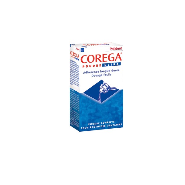 Polident Corega Pulver, ultra-selbstklebend, für Teil- oder Vollzahnprothesen, Haftpulver ohne Zink, ganztägiger Halt, 40 g