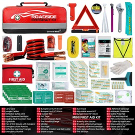 General Medi 127-Pieces Roadside Car Emergency Kit Include Mini First Aid Kit, Jumper Cables,Tow Rope, Bandage, Safety Vest, Emergency Triangle, All in One Pack