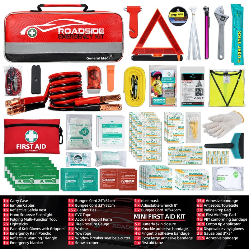 General Medi 127-Pieces Roadside Car Emergency Kit Include Mini First