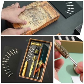Joyeee Antique Feather Quill Pen Set, with Sealing Wax for Envelopes, Wax Stamp, Handcrafted Dip Pen, Envelopes, Dip Pen Nibs, Writing, Retro Gift Box, Beautiful Birthday Gift, Dark Green