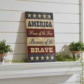 VHC Brands Patriotic AMERICA Home Of The Free Because Of The Brave w/Stars & Stripes MDF Wall Sign 16x10, Independence Day Decor, Decorative Sign, Rustic Farmhouse Fourth of July Decorations