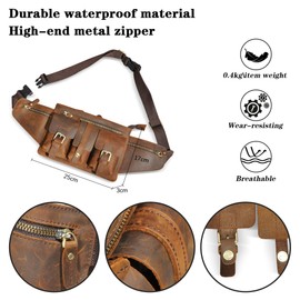 Handadsume Genuine Leather Hiking Riding Travel Fanny Pack Waist Bag Small Phone Bag for Men Women 380, 381 Brown, Classic hip backpack with small chest bag.