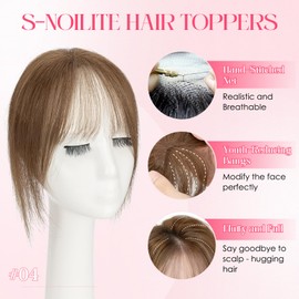 S-noilite Real Human Hair Topper with Bangs 360°3D Cover Hair Toppers for Women with Wispy Bang Medium Brown Clip on Bangs for Daily Wear